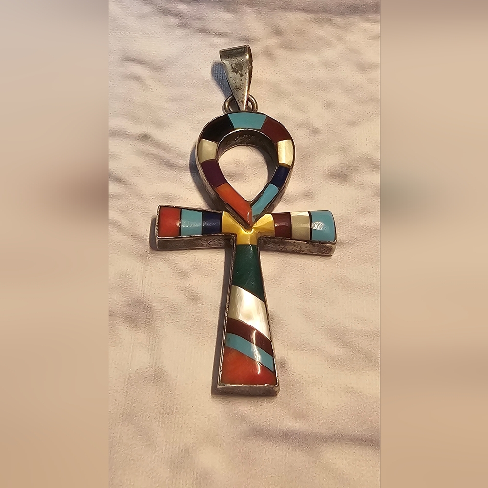 Sterling Silver 925 Multistone Ankh Pendant - Picture 5 of 6